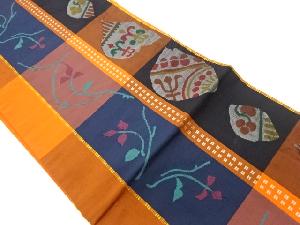 手織り紬縞に草花模様織出し名古屋帯